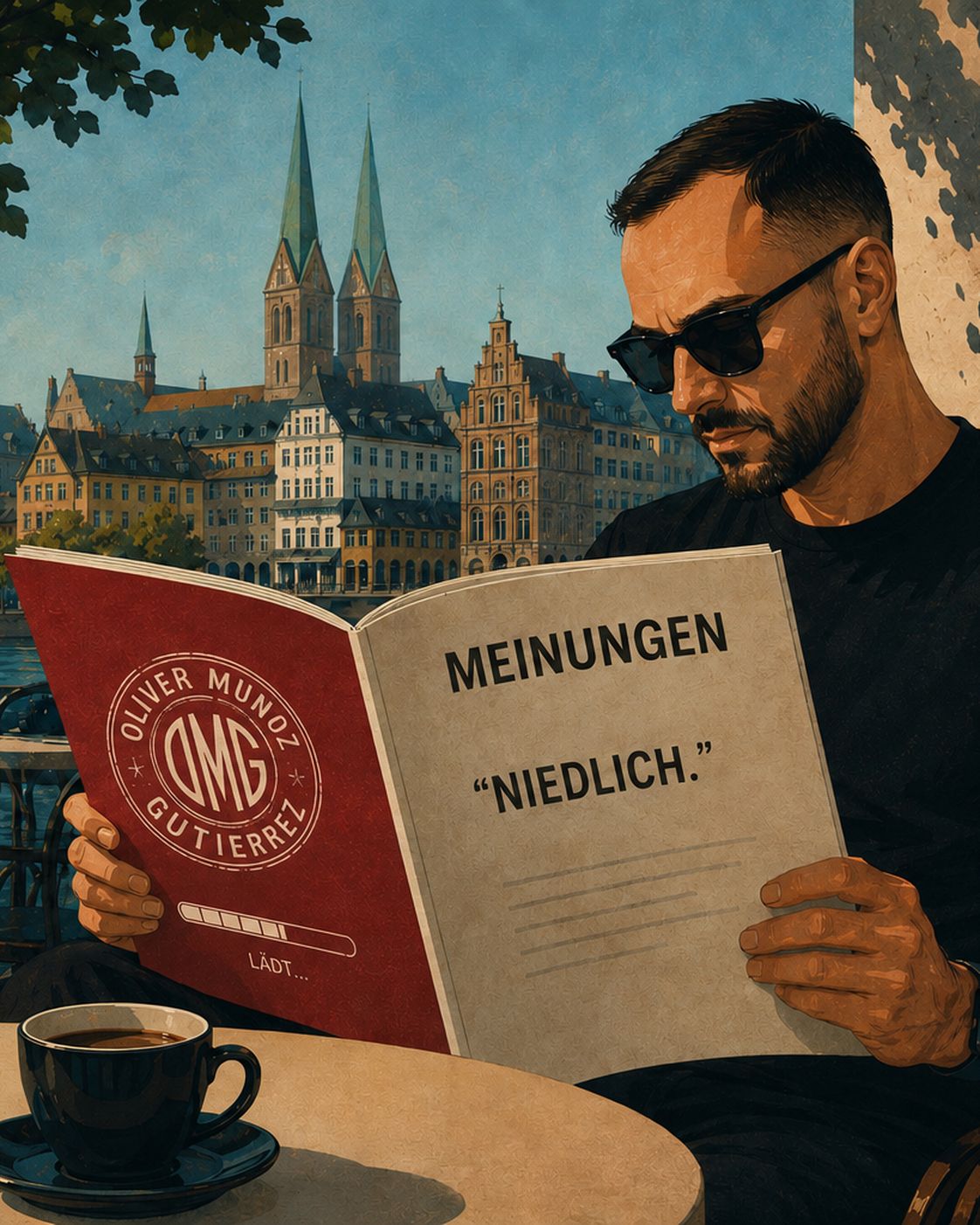 Ein Mann liest in einem Straßencafé ein Magazin mit der Überschrift Meinungen