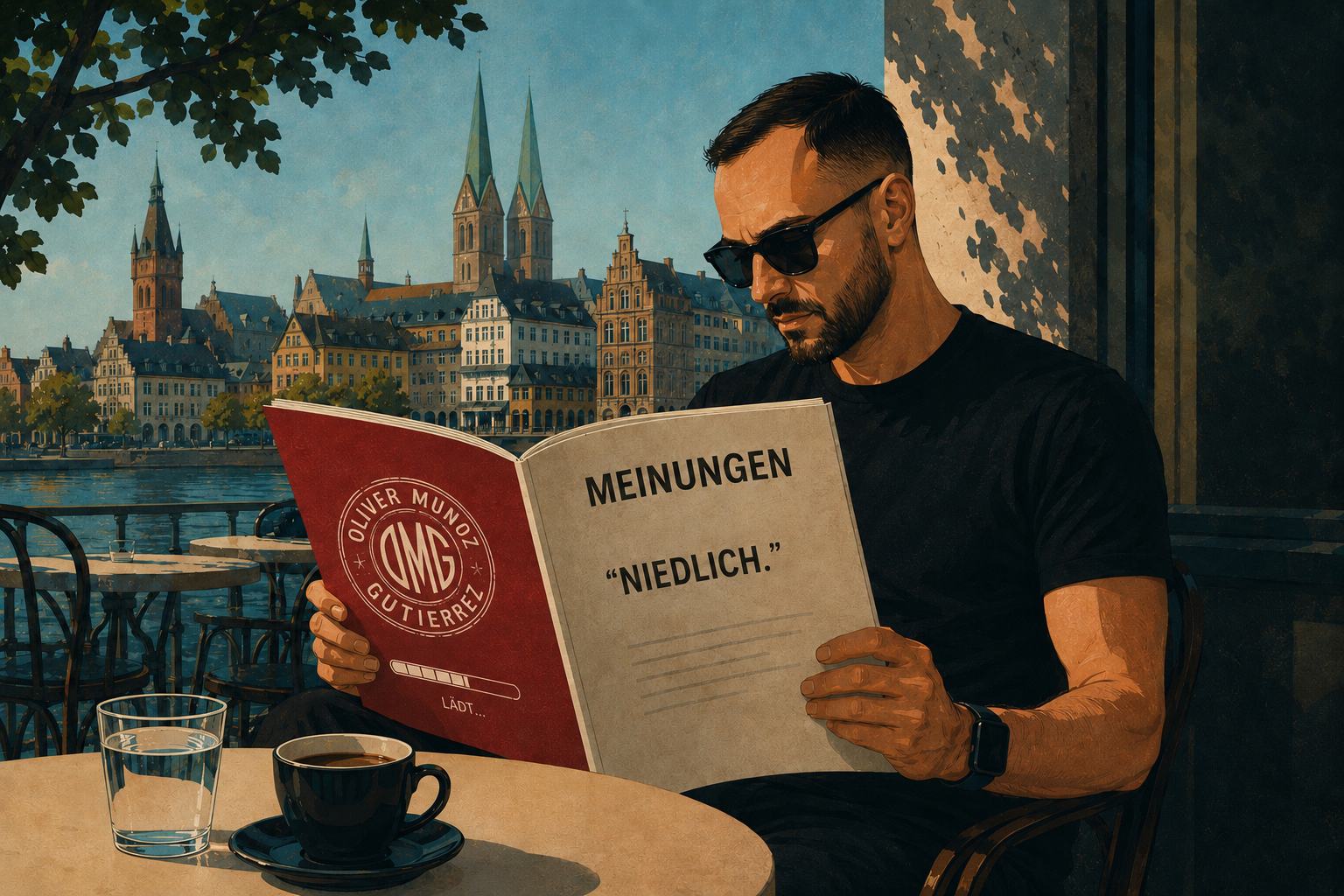 Ein Mann liest in einem Straßencafé ein Magazin mit der Überschrift Meinungen